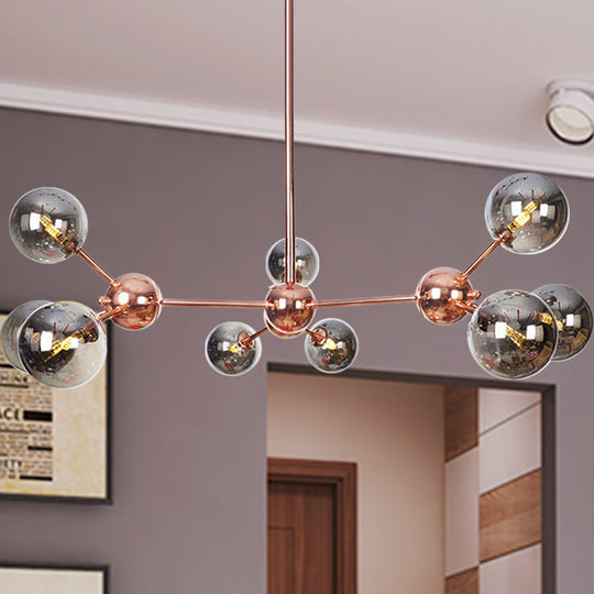 Vintage Copper Chandelier With Clear/Amber Glass Orb Shades - 3/9/12 Lights Branch Design