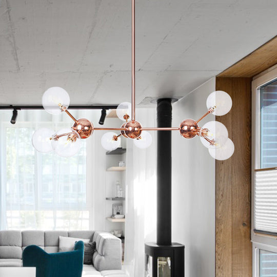 Vintage Copper Chandelier With Clear/Amber Glass Orb Shades - 3/9/12 Lights Branch Design