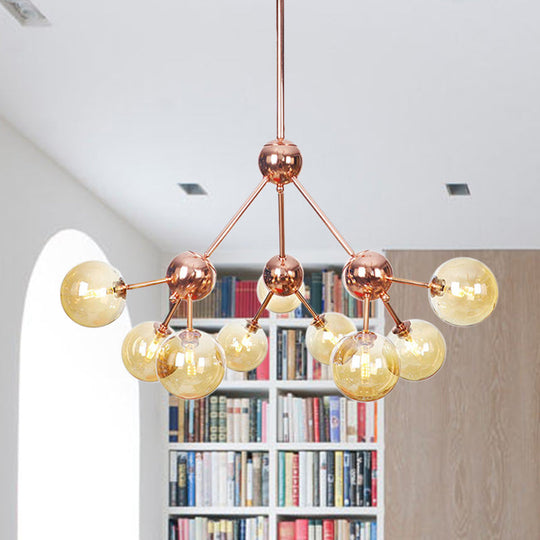 Vintage Copper Chandelier With Clear/Amber Glass Orb Shades - 3/9/12 Lights Branch Design