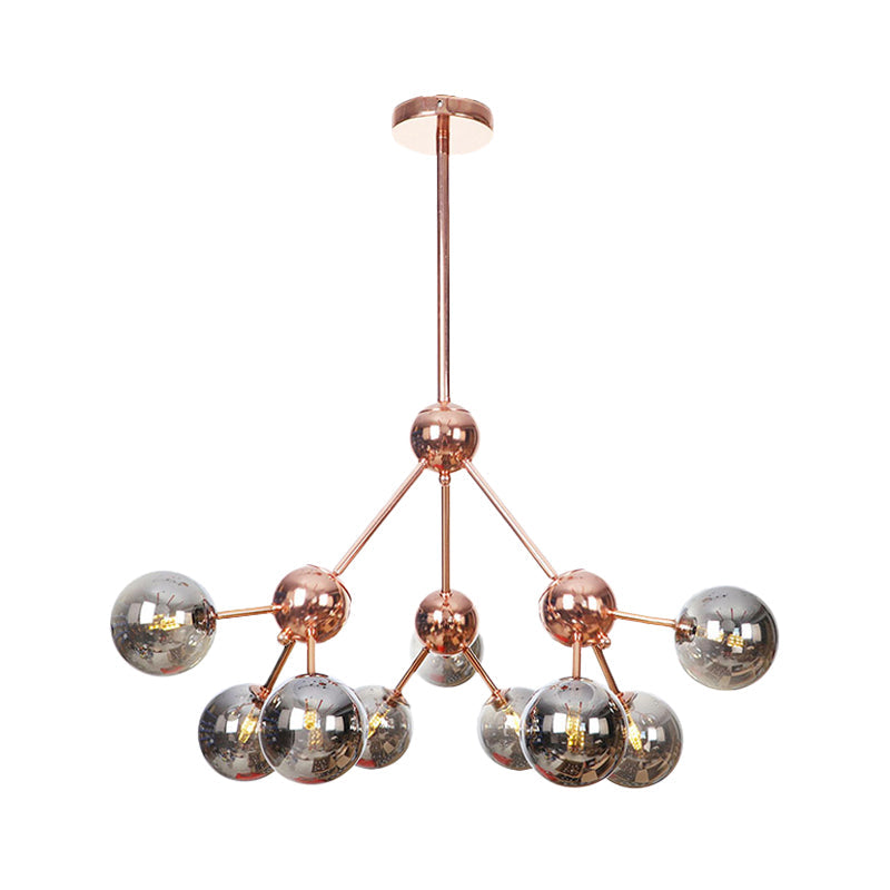 Vintage Copper Chandelier With Clear/Amber Glass Orb Shades - 3/9/12 Lights Branch Design