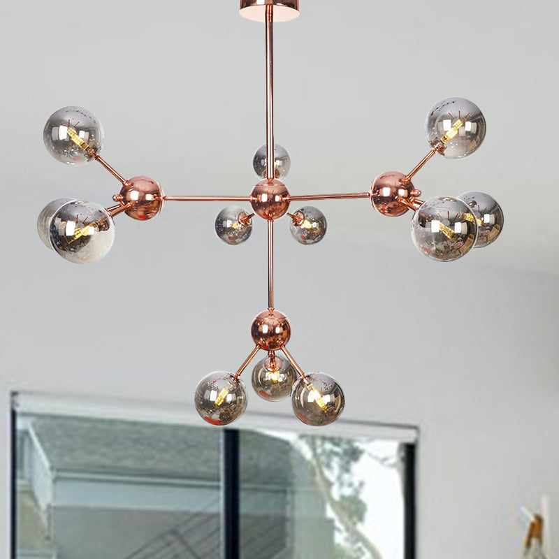 Vintage Copper Chandelier With Clear/Amber Glass Orb Shades - 3/9/12 Lights Branch Design