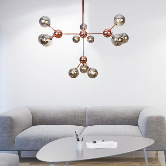 Vintage Copper Chandelier With Clear/Amber Glass Orb Shades - 3/9/12 Lights Branch Design