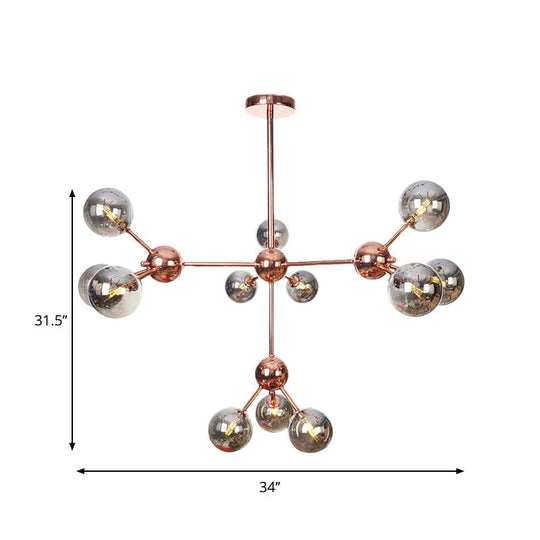 Vintage Copper Chandelier With Clear/Amber Glass Orb Shades - 3/9/12 Lights Branch Design