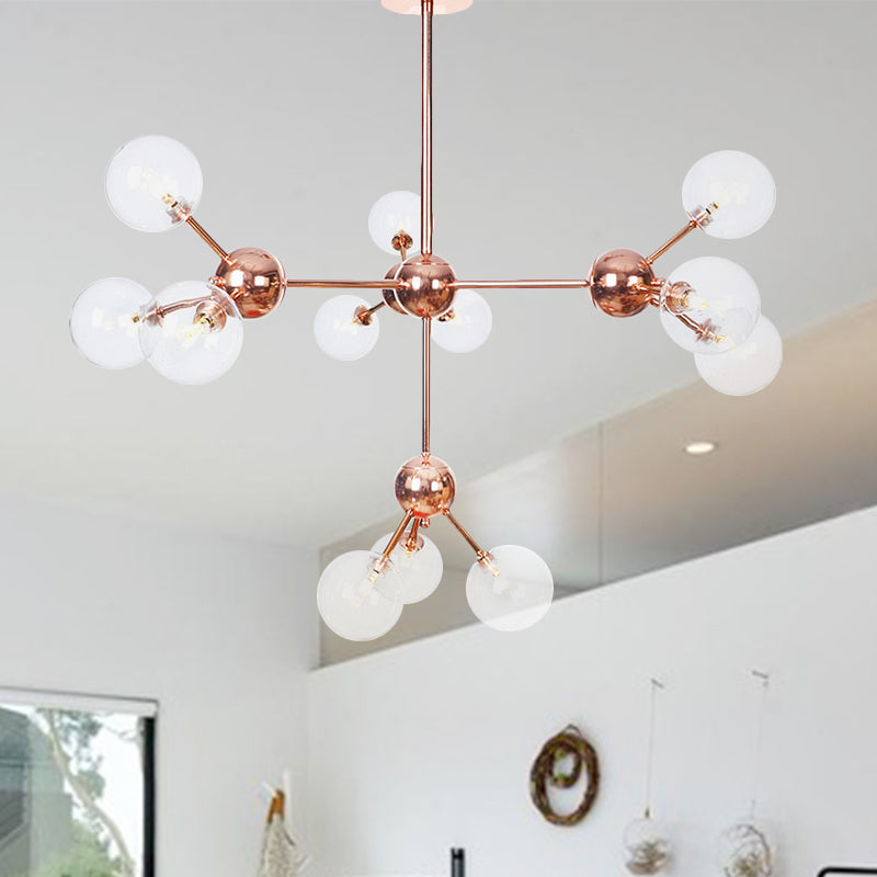 Vintage Copper Chandelier With Clear/Amber Glass Orb Shades - 3/9/12 Lights Branch Design