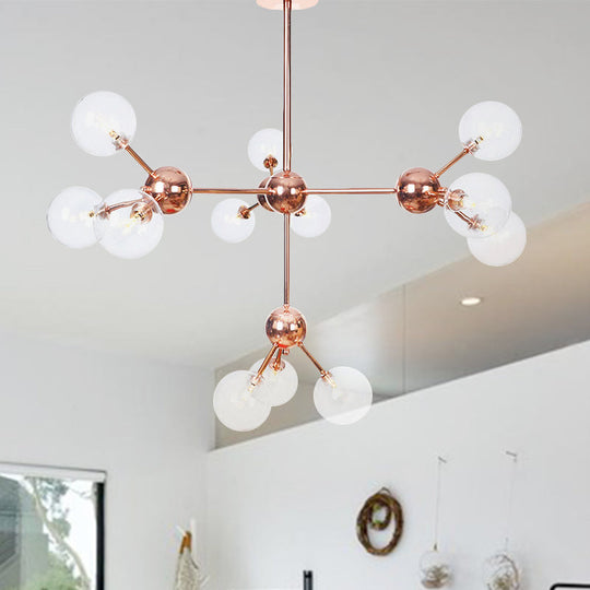 Vintage Copper Chandelier With Clear/Amber Glass Orb Shades - 3/9/12 Lights Branch Design