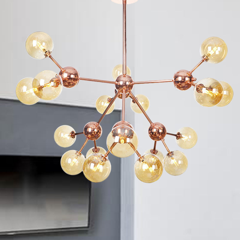 Vintage Copper Chandelier With Clear/Amber Glass Orb Shades - 3/9/12 Lights Branch Design