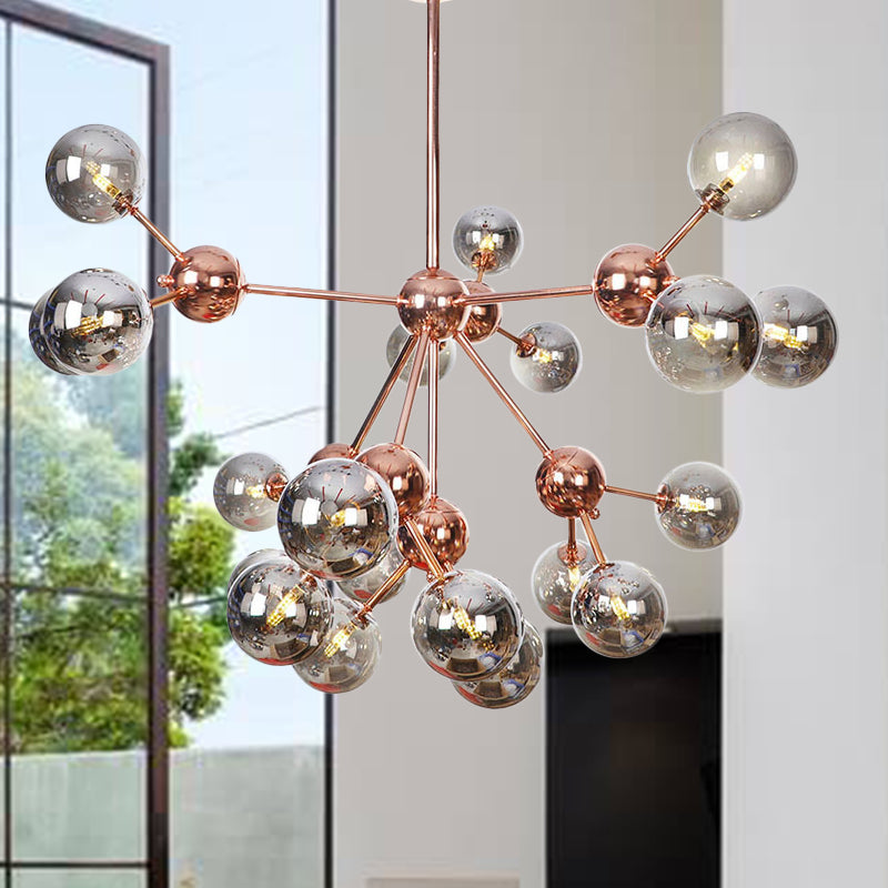 Vintage Copper Chandelier With Clear/Amber Glass Orb Shades - 3/9/12 Lights Branch Design