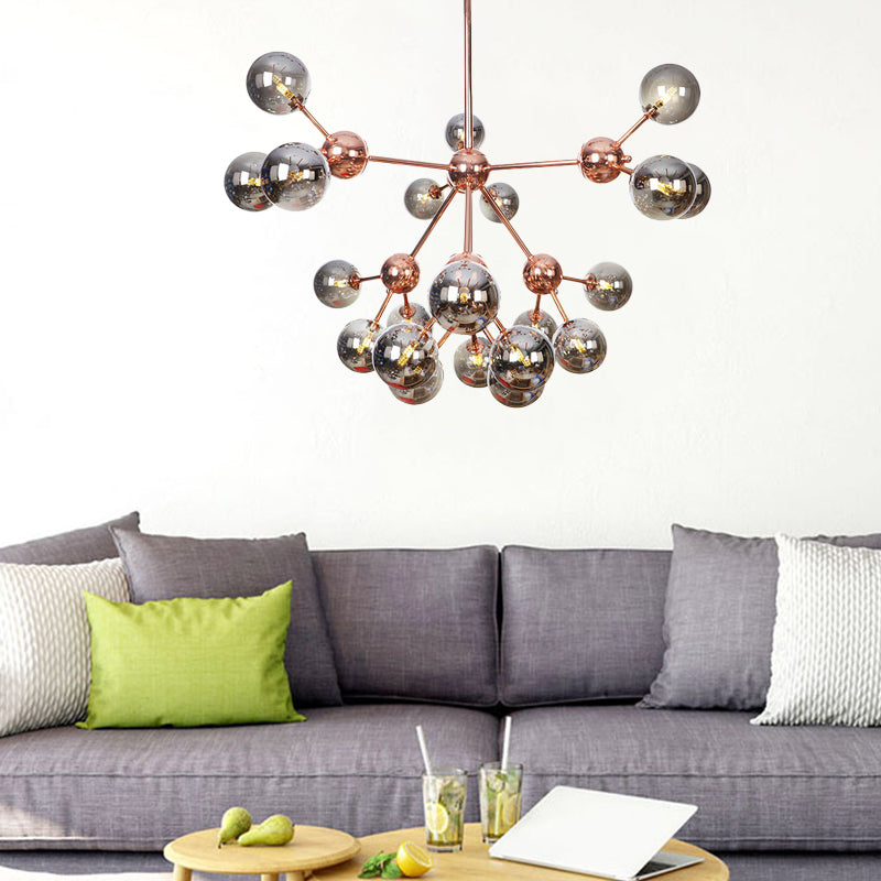 Vintage Copper Chandelier With Clear/Amber Glass Orb Shades - 3/9/12 Lights Branch Design