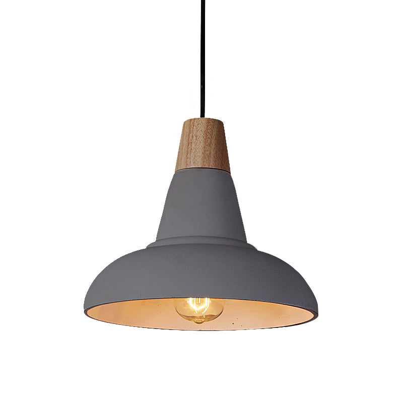 Industrial Style Cement And Wood Pendant Light With Grey/White Bowl Shade
