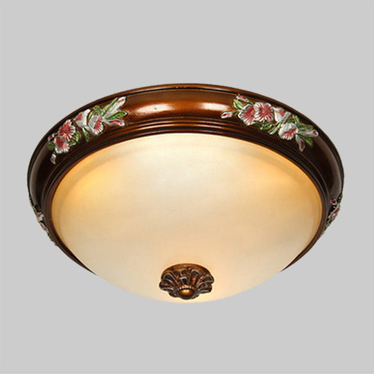 Frosted Glass Dome Shape Ceiling Flush Vintage Light Fixture With Blossom Design - Brown