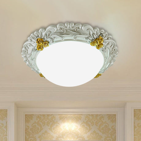 Milky Glass Led Ceiling Fixture - Traditional Semi-Orb Flush Mount Light With White And Gold/Brown