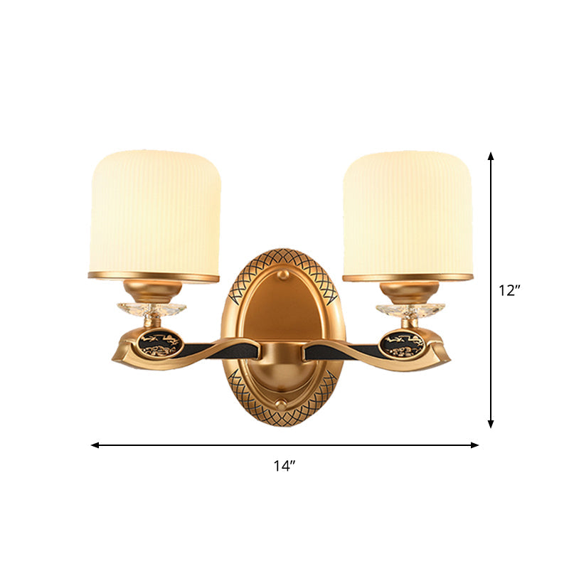 Retro Style Gold Cylinder Wall Sconce Light With Ribbed Glass - 1/2 Bulbs Bedside Lighting