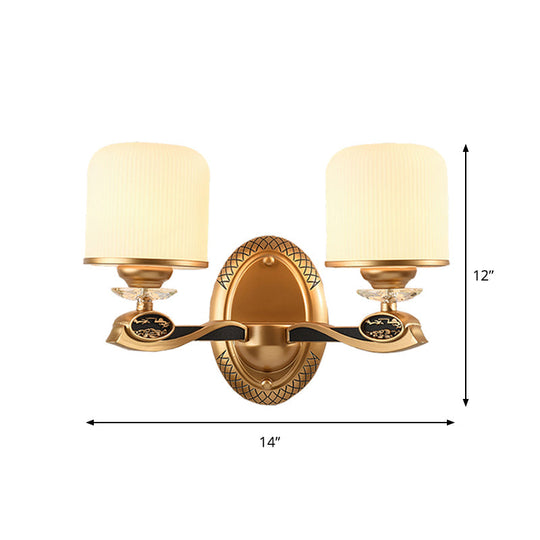 Retro Style Gold Cylinder Wall Sconce Light With Ribbed Glass - 1/2 Bulbs Bedside Lighting