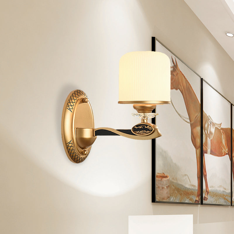 Retro Style Gold Cylinder Wall Sconce Light With Ribbed Glass - 1/2 Bulbs Bedside Lighting