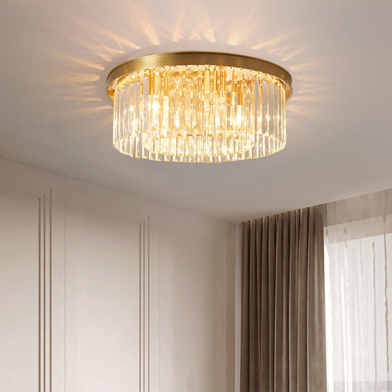 Gold Round Bedroom Flush Mount Lamp 4/5 Clear Crystal Prisms 16/19.5 Wide / 19.5