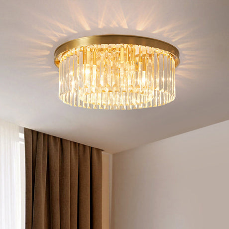 Gold Round Bedroom Flush Mount Lamp 4/5 Clear Crystal Prisms 16/19.5 Wide