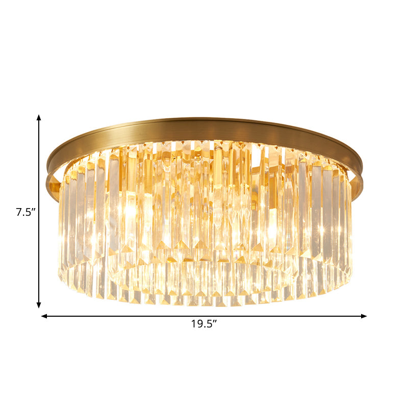 Gold Round Bedroom Flush Mount Lamp 4/5 Clear Crystal Prisms 16’/19.5’ Wide