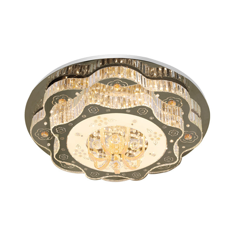 Contemporary Stainless-Steel Flush Ceiling Light With Led Clear Crystal Blocks And Floral Design