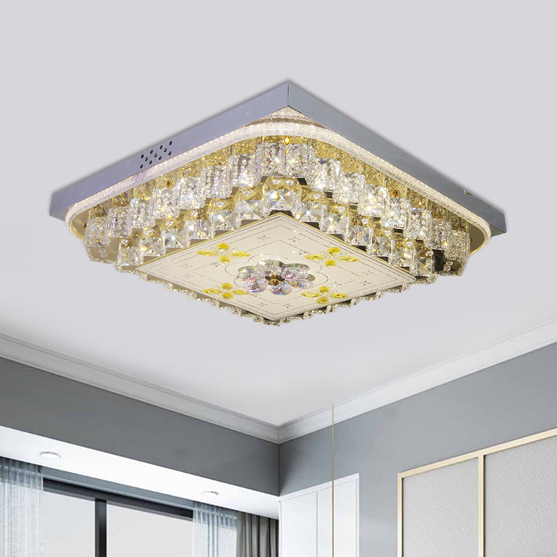Modern Chrome Square Ceiling Light Fixture With Clear Crystal Blocks And Led – Ideal For Bedrooms
