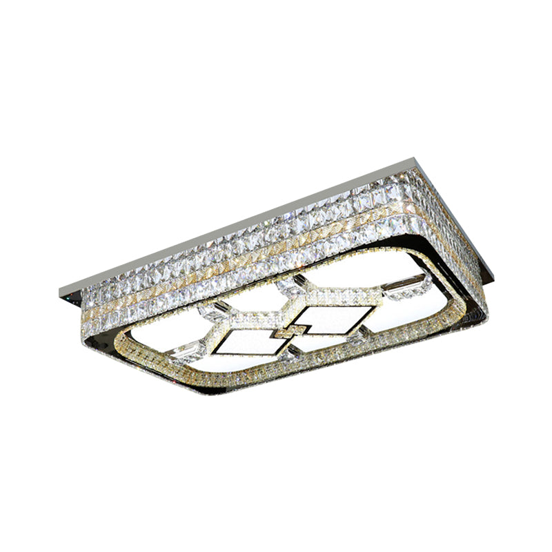 Modern Rectangular Parlor Ceiling Lamp With Clear Crystal Blocks And Stainless-Steel Flush Light
