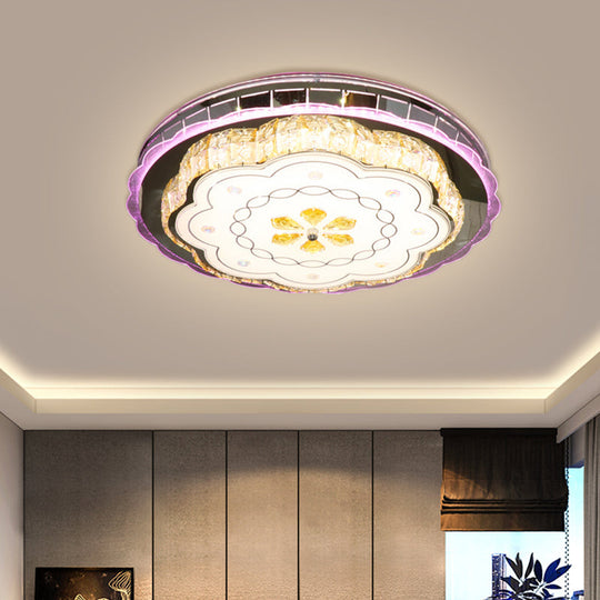 Modern Crystal Block Led Flush Ceiling Lamp In Stainless Steel With Floral Design Stainless-Steel