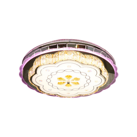 Modern Crystal Block Led Flush Ceiling Lamp In Stainless Steel With Floral Design