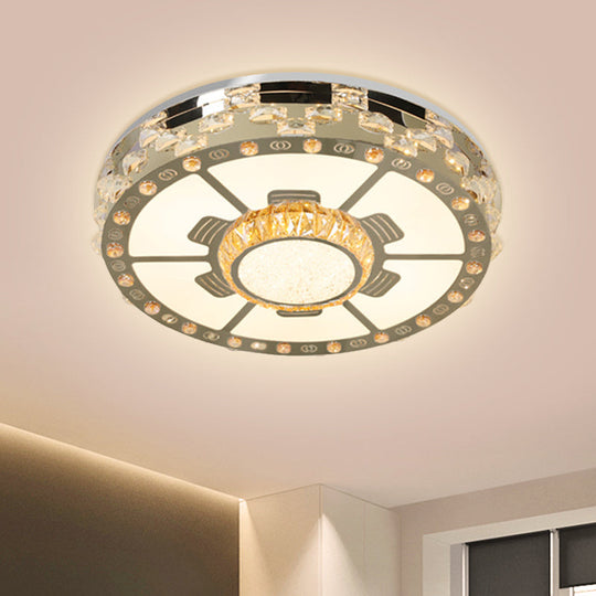 Stainless-Steel Led Round Ceiling Flush Mount Light Fixture With Clear Beveled Crystal Blocks