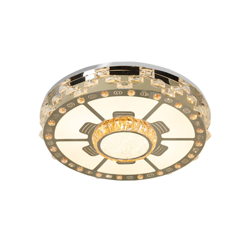 Stainless-Steel Led Round Ceiling Flush Mount Light Fixture With Clear Beveled Crystal Blocks