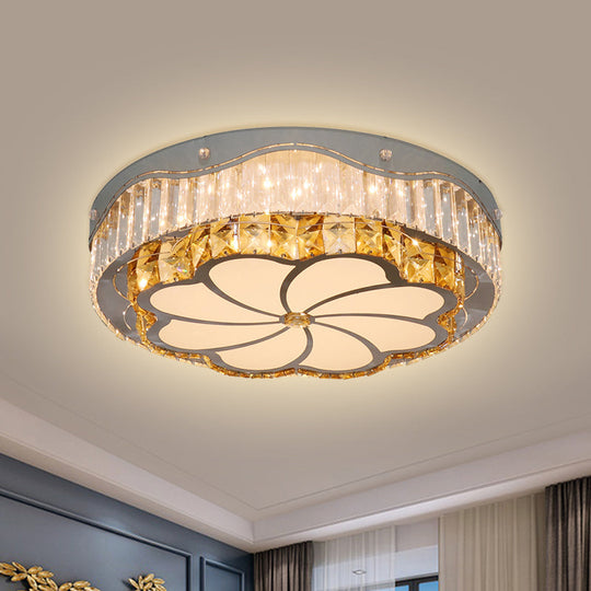 Contemporary Led Crystal Flushmount Ceiling Lamp With Windmill Pattern - Stainless Steel Drum Design