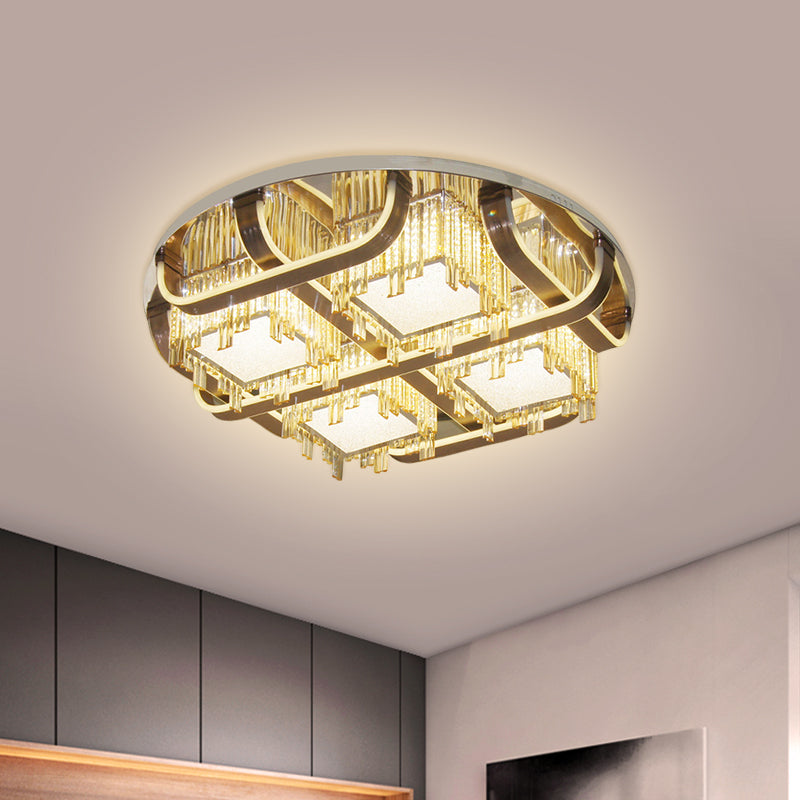 Modern Led Circle Flush Stainless - Steel Rectangular - Cut Crystal Ceiling Lamp With Cubic Shade