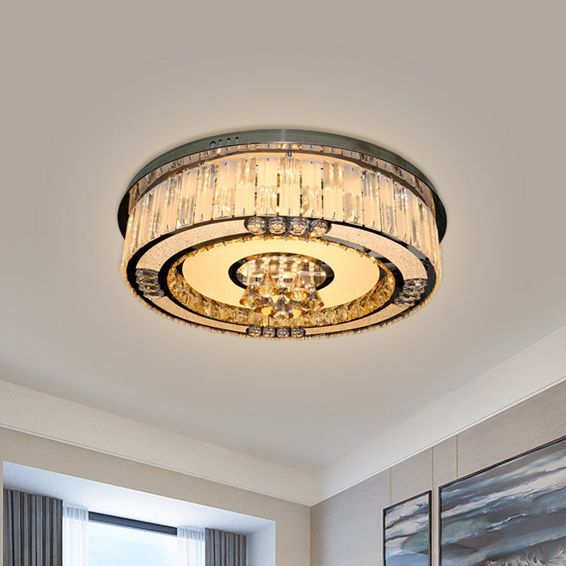 Contemporary Stainless - Steel Drum Flushmount Led Ceiling Light With Crystal Blocks