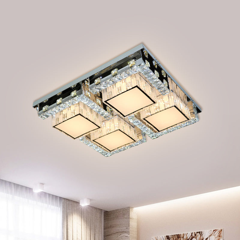 Modern Stainless-Steel Led Ceiling Light With Crystal Blocks - Rectangle/Square Shape White Cubic