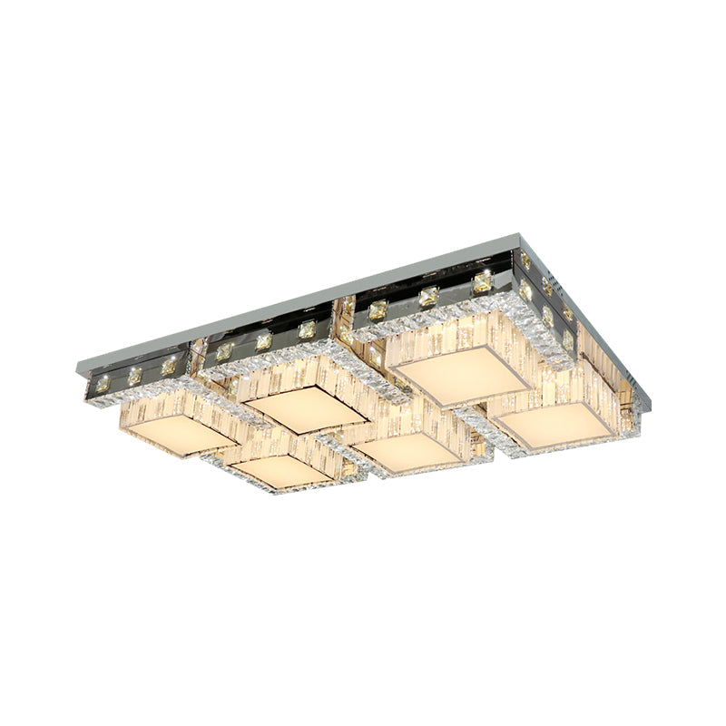 Modern Stainless-Steel Led Ceiling Light With Crystal Blocks - Rectangle/Square Shape White Cubic