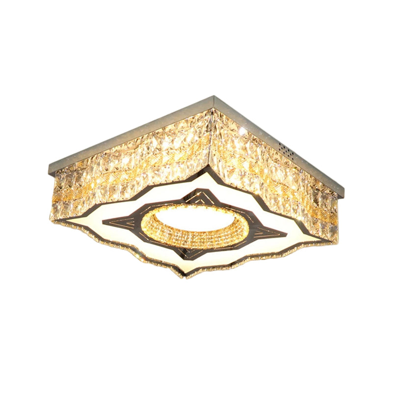 Contemporary Clear Crystal And Stainless-Steel Led Flush Mount Lamp With Curvy-Side Square Design