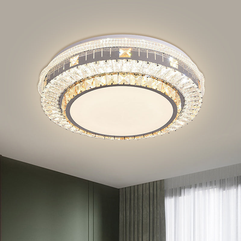 Clear Led Crystal Block Light Fixture - Modern Round Stainless-Steel Flush Mount For Great Room