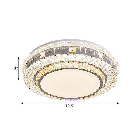 Clear Led Crystal Block Light Fixture - Modern Round Stainless-Steel Flush Mount For Great Room