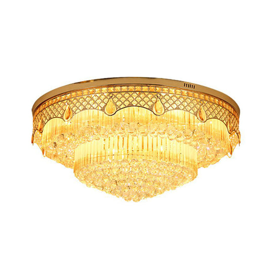 Modern Gold Finish Flush Mount Ceiling Light With 6 Tapered Bulbs And Crystal Balls