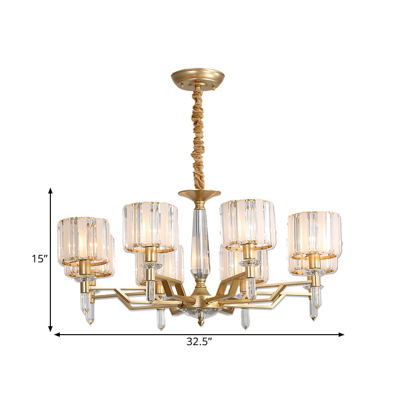Contemporary Gold Hanging Light Chandelier - Crooked Arm With 6/8 Bulbs Clear Crystal Shade