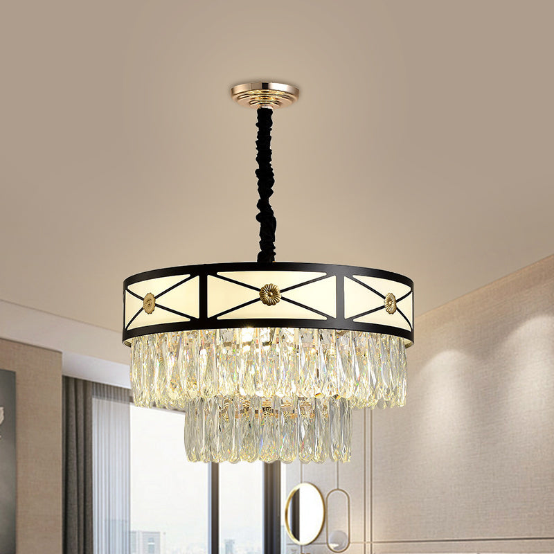 Contemporary Black Chandelier: 9 Heads Clear Crystal 3-Layer Round Suspension Light