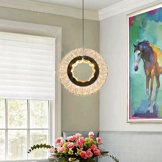 Contemporary Led Bedchamber Pendant Lamp With Clear Crystal Block Ring Swag