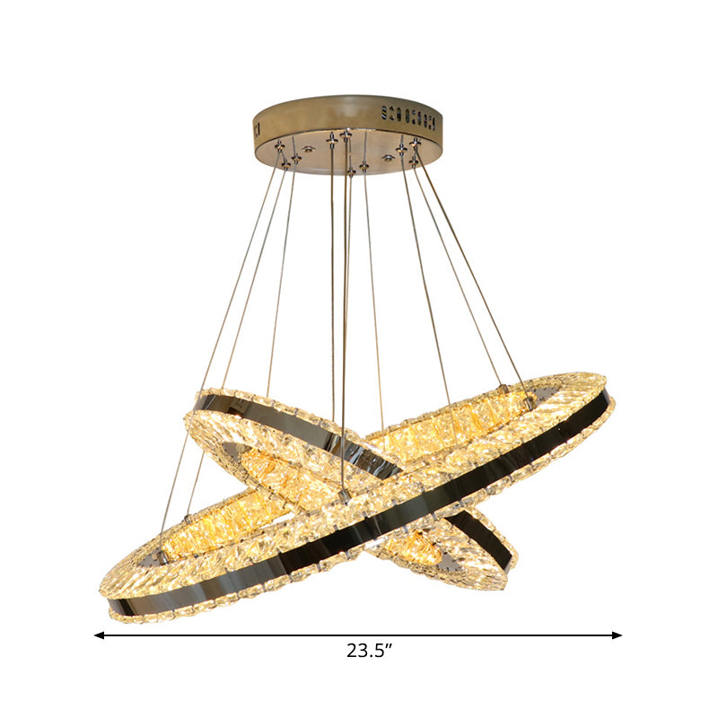 Modern Black Led Double Ring Parlor Hanging Lamp With Clear Crystals - Multi Pendant