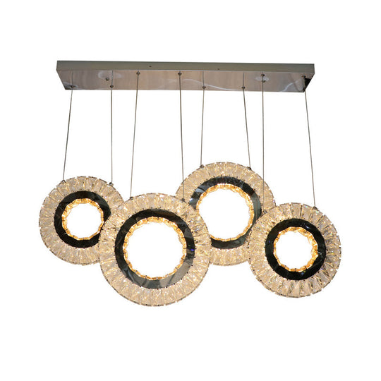 Contemporary Led Crystal Blocks Suspension Light - 4-Ring Multi Ceiling Lamp In Black