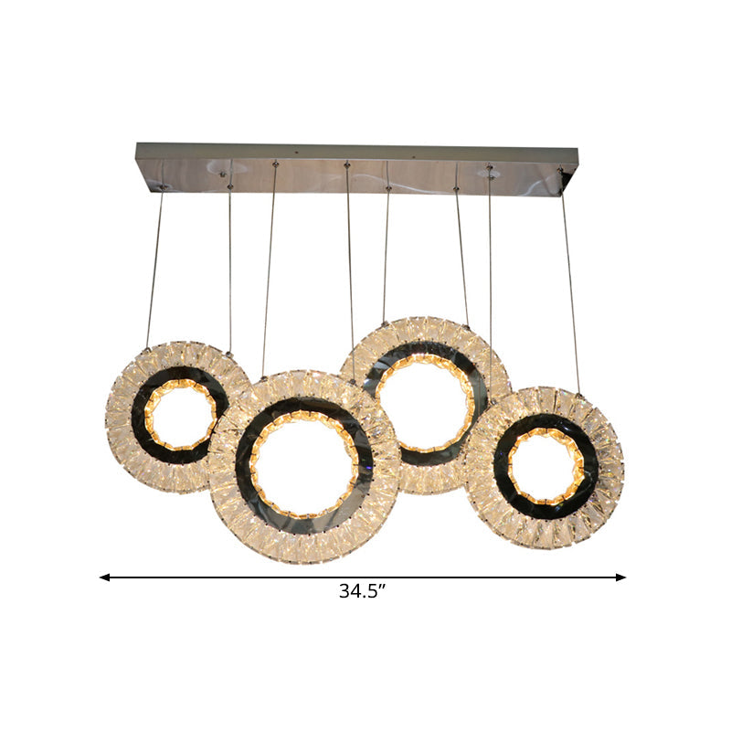 Contemporary Led Crystal Blocks Suspension Light - 4-Ring Multi Ceiling Lamp In Black