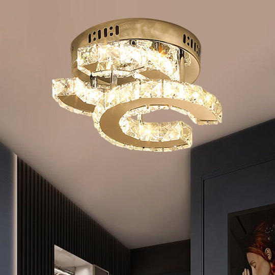 Modern Led Corridor Semi - Light Fixture In Stainless Steel With Clear Crystal Blocks - Ceiling