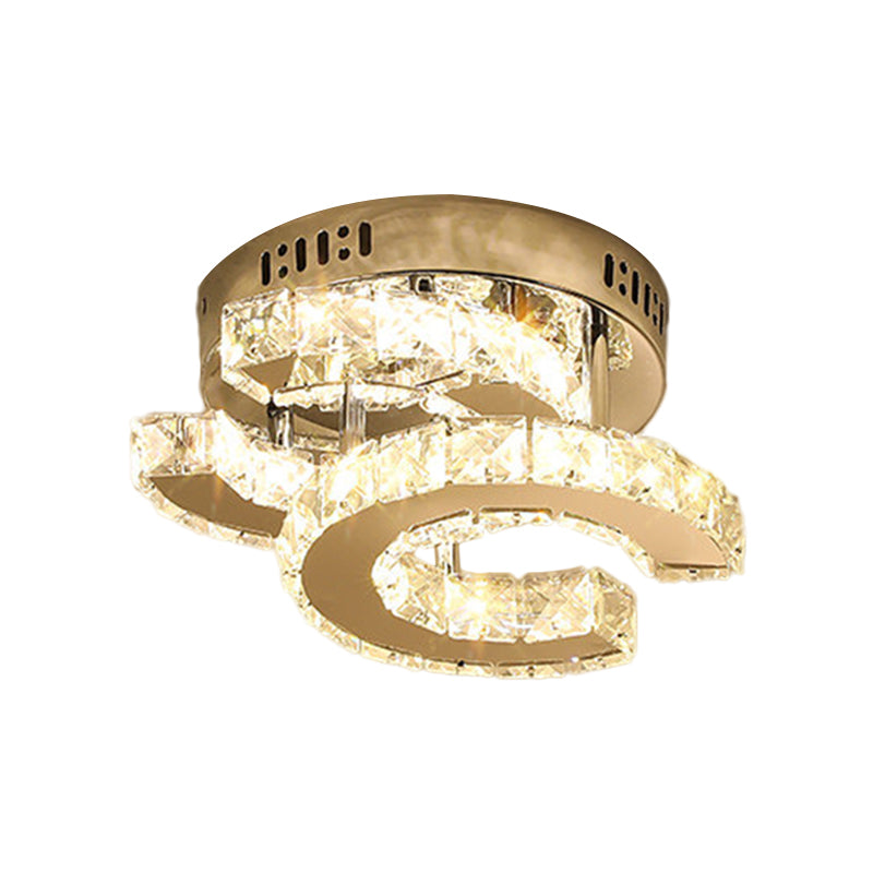 Modern Led Corridor Semi - Light Fixture In Stainless Steel With Clear Crystal Blocks - Ceiling