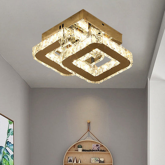Modern Led Corridor Semi - Light Fixture In Stainless Steel With Clear Crystal Blocks - Ceiling