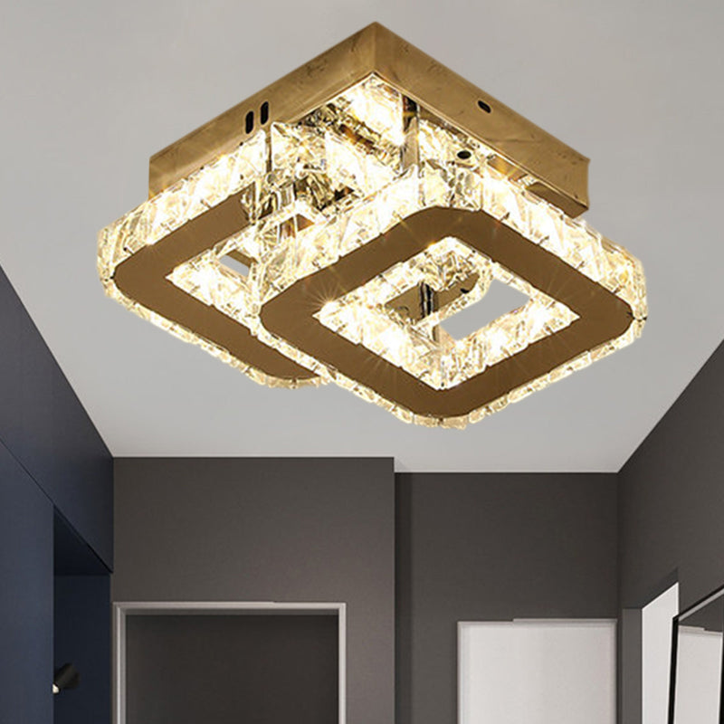 Modern Led Corridor Semi - Light Fixture In Stainless Steel With Clear Crystal Blocks - Ceiling