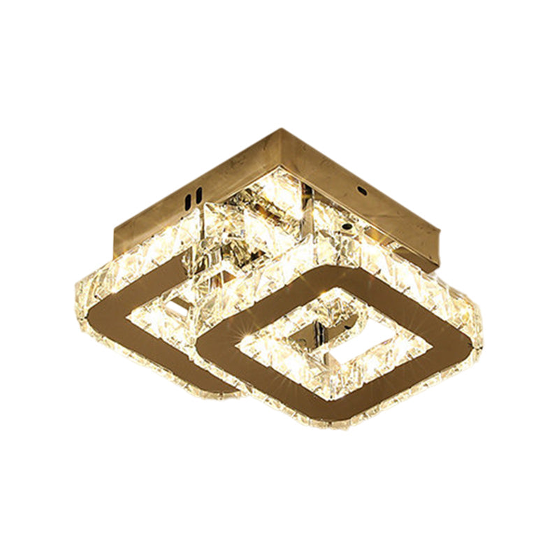 Modern Led Corridor Semi - Light Fixture In Stainless Steel With Clear Crystal Blocks - Ceiling