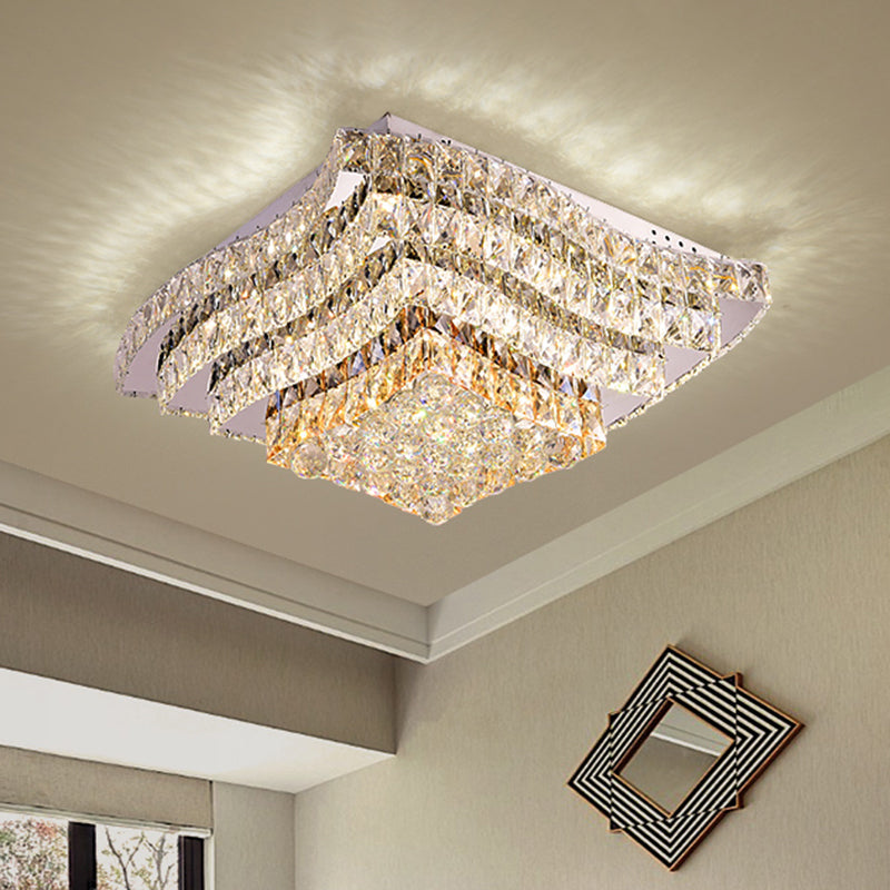 Wavy - Side Square Bedroom Led Flush Mount Ceiling Light With Clear Crystal Blocks Modern Stainless