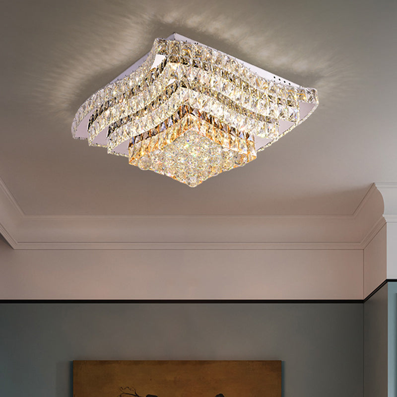 Wavy - Side Square Bedroom Led Flush Mount Ceiling Light With Clear Crystal Blocks Modern Stainless